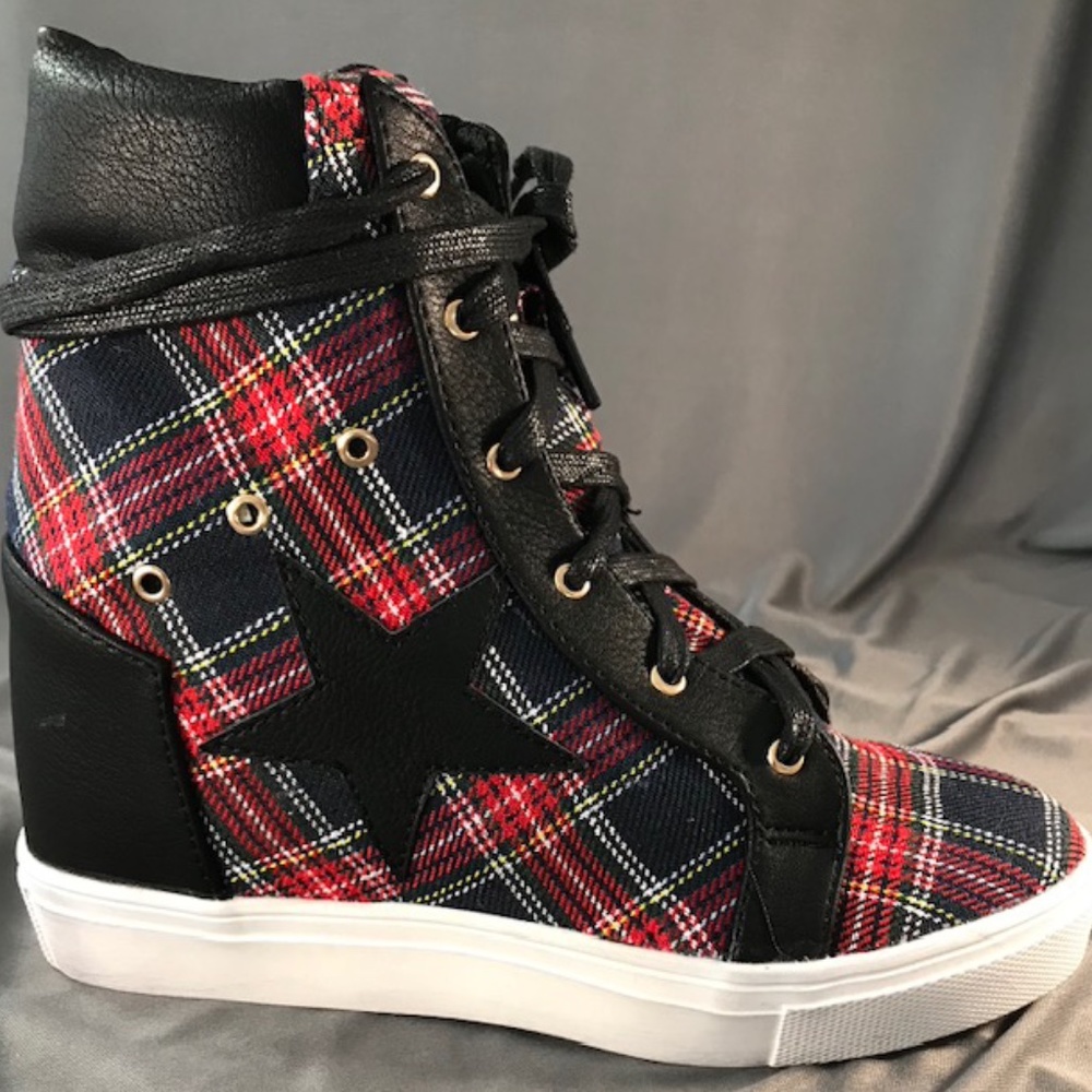 PLAID HIGHTOP WEDGE LACE UP SNEAKER - RED/BLACK/MULTI CLOTH AND LEATHER (LIKE)